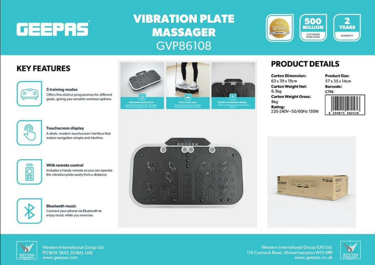 صفحه لرزشی و ماساژور حرفهای GEEPAS مدل GVP86108